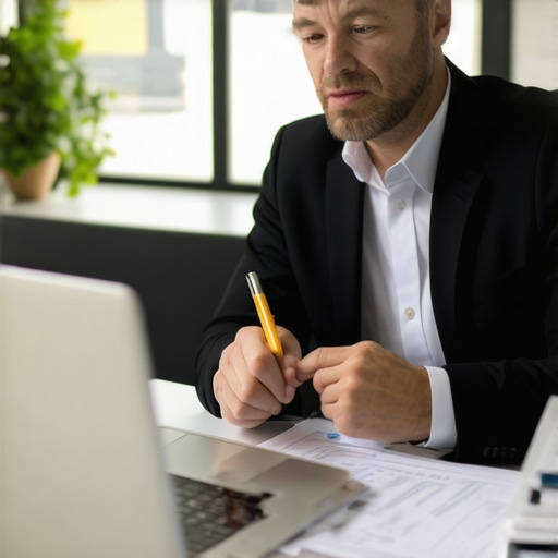 Business professional advising small business owner with financial documents and laptop in office