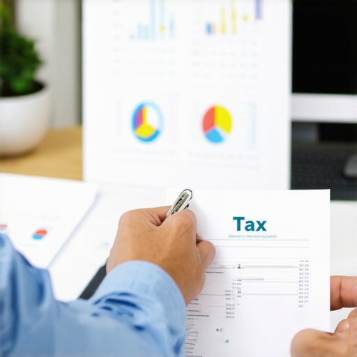 Accountant and client discussing tax documents with digital graphs in the background