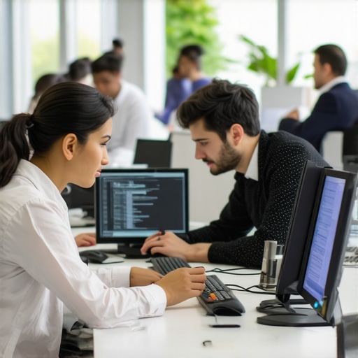 Finance team working with data analytics and automation tools in an office