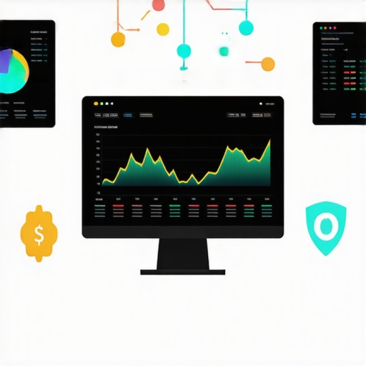 A high-tech dashboard showing blockchain, AI, and remote work data analytics.