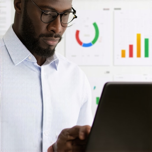 Business owner analyzing payroll data on a laptop with compliance charts.