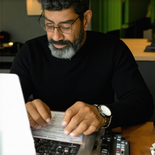 Business owner analyzing payroll and tax documents with digital tools