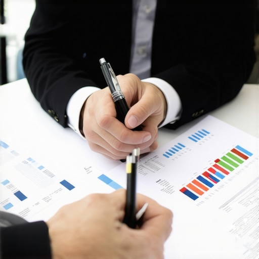 CPA advising business owner with financial documents in modern office