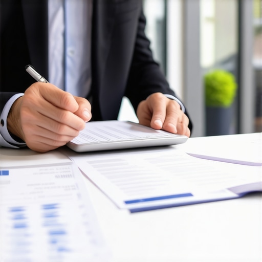 Business owner analyzing tax documents on tablet in office