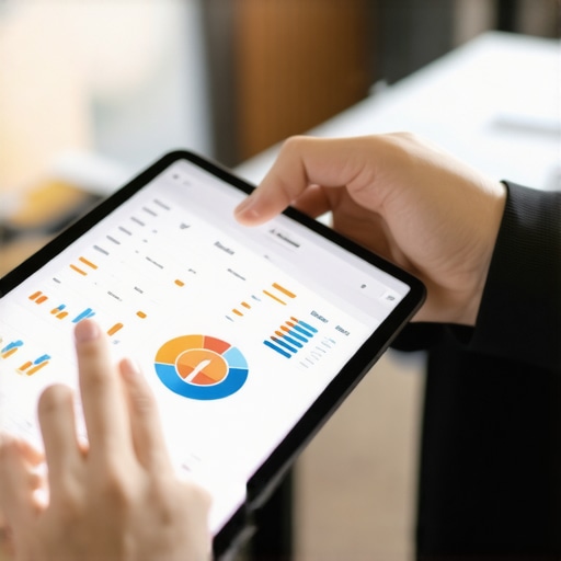 Business owner reviewing financial analytics on a tablet with charts and graphs
