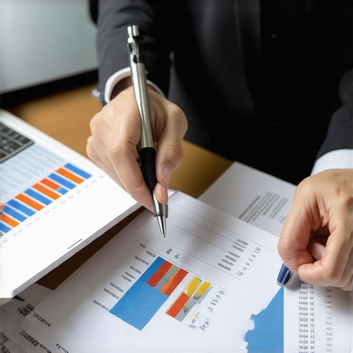 CPA professional analyzing financial reports with digital tools in a modern office