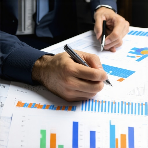 Business professional analyzing financial documents with digital tools in modern office