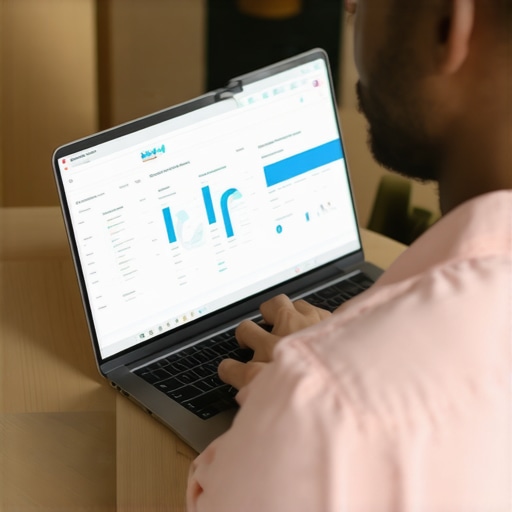 Small business owner analyzing payroll data on a laptop with advanced software.