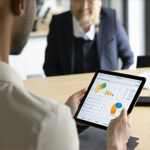 Small business owner analyzing financial dashboards with CPA in background