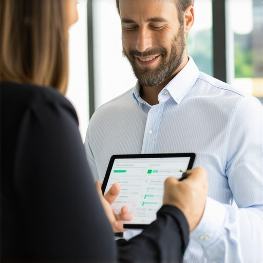 Strategic CPA Consultation in Modern Office CPA consulting with a business owner over financial documents using a tablet in a contemporary office environment