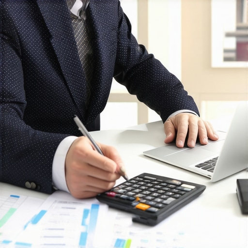 Entrepreneur analyzing payroll and tax documents at work