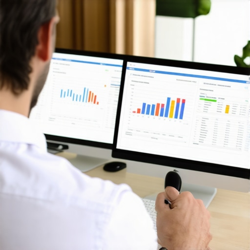 Accountant using financial software on a computer to review payroll and tax data for compliance and accuracy.