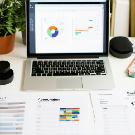 A clean and organized desk with a laptop displaying accounting software, receipts, and financial documents.