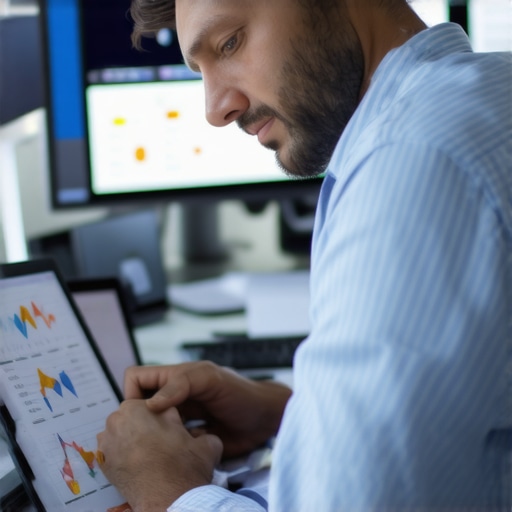 Accountant working with digital financial tools on a laptop in an office.