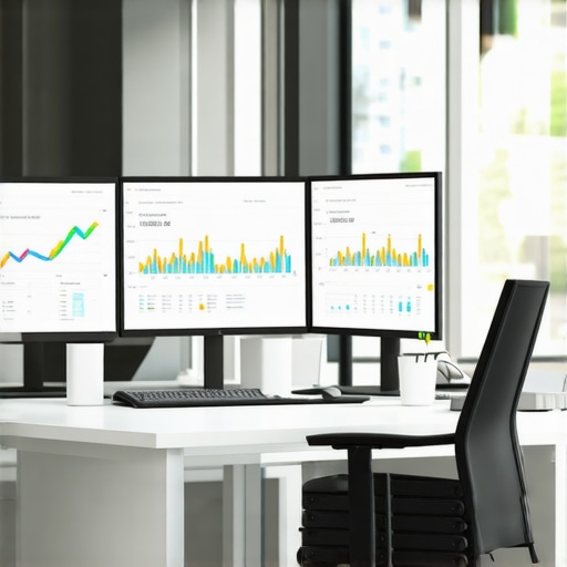 Advanced Financial Tools Workspace A professional workspace featuring computers displaying financial dashboards and software tools for accounting and audit support.