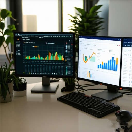 Advanced Financial Tools in Action A professional workspace showing financial software on screens with data analytics.