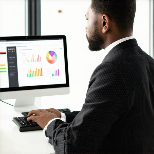 Business owner reviewing financial reports with digital tools in office