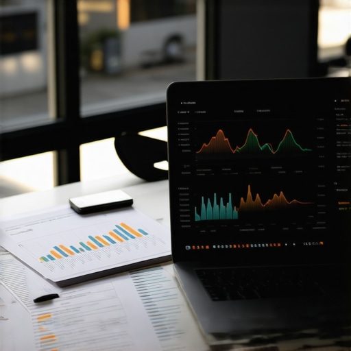 A workspace featuring a laptop displaying accounting software with financial charts and tools