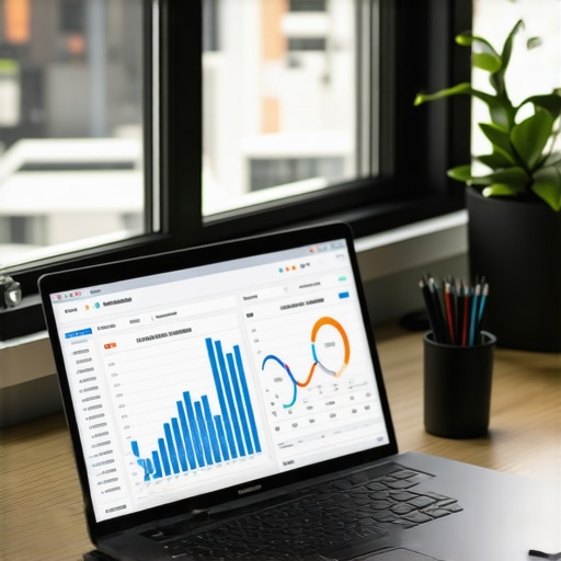 A clean, organized accountant workspace with dual monitors displaying financial data