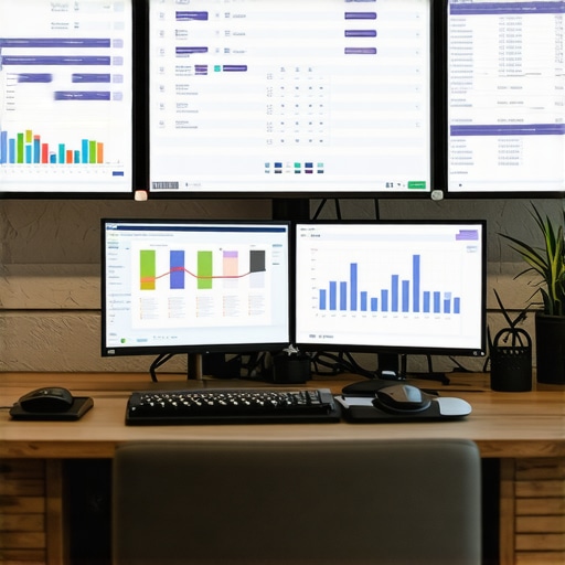 Financial professional using multiple screens for payroll and tax management