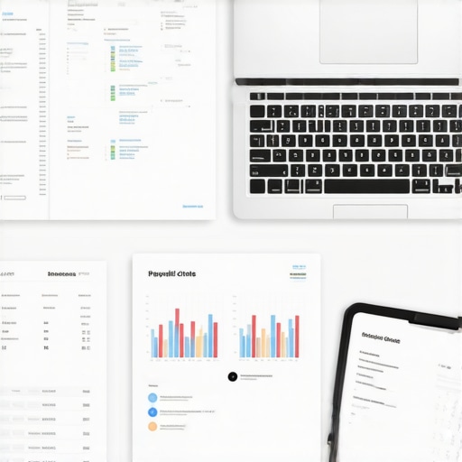 Desk with laptop, financial documents, and payroll charts illustrating efficient financial management.