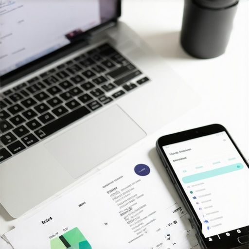 Laptop, payroll app on smartphone, and financial documents on desk representing effective tax and payroll tools.