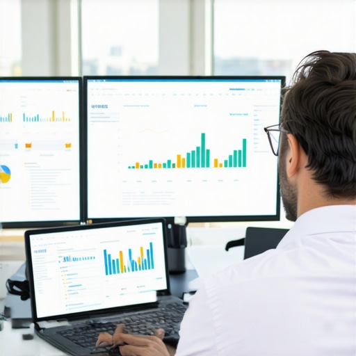 Accountant Using Financial Software Accountant working with tax and payroll software on computers, maintaining efficient financial processes