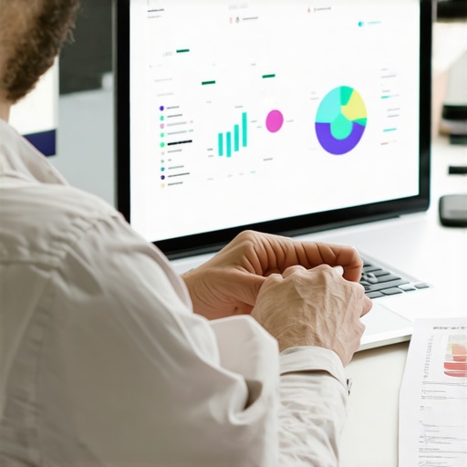 Financial Data Review Dashboard Business owner analyzing financial dashboard with charts and data analysis tools.