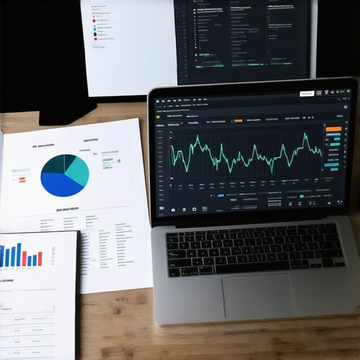 Modern Accounting Office Setup Laptop and financial documents on a desk demonstrating tax and payroll management tools.