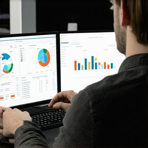 Accountant using advanced software tools to manage finances, illustrating high-tech accounting environment.