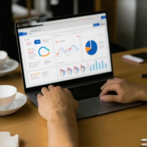 Modern Financial Management Tools in Use Person managing payroll and taxes on a laptop with financial dashboards and cloud software