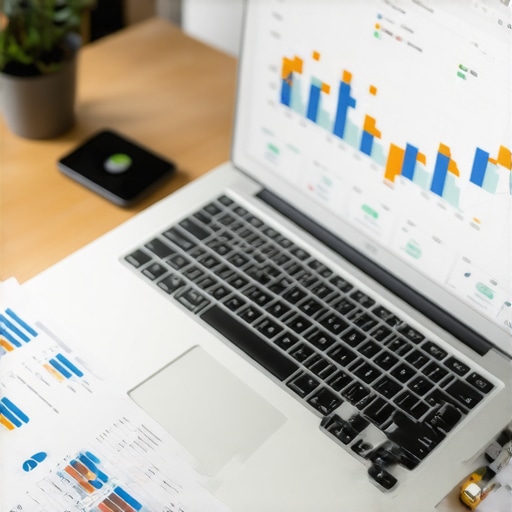 Laptop and paperwork with financial data and charts on the screen