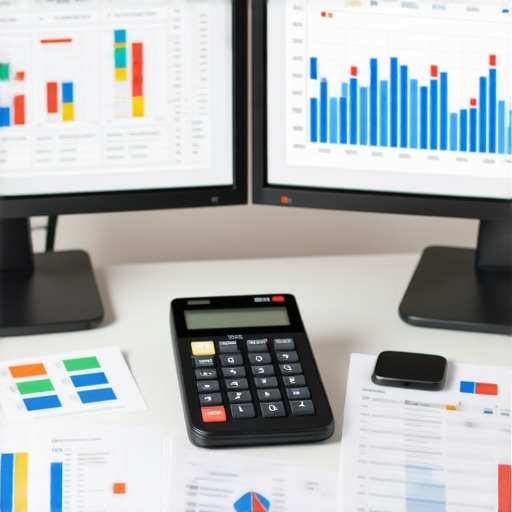 Modern accounting tools in action Accounting software dashboards on dual monitors with financial documents and calculator on desk