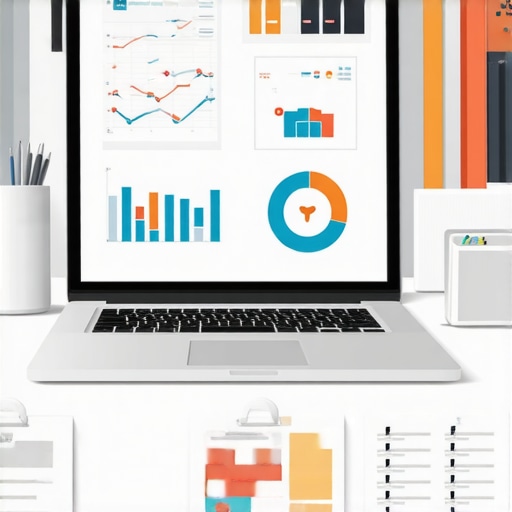 A tidy workspace with a laptop displaying financial dashboards and security symbols, representing maintenance of financial tools.