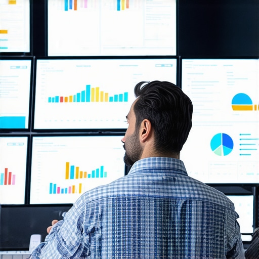 A professional accountant analyzing real-time audit data on multiple monitors