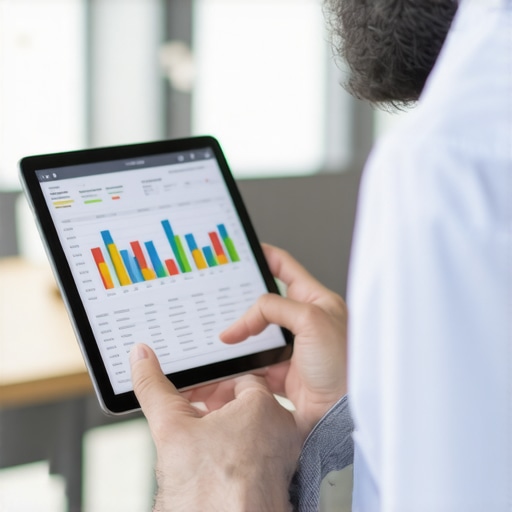 Financial analyst using tablet for financial data review in office