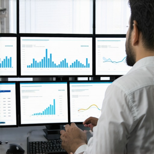 Accountant analyzing financial data on advanced AI-powered software monitors