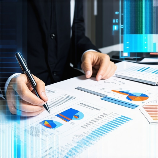 Accountant analyzing documents with digital AI audit overlays