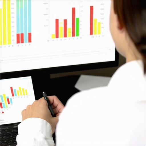 A person examining payroll data on a laptop with charts indicating regulatory compliance