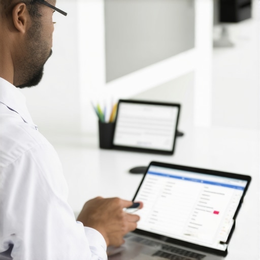 Business owner collaborating with CPA over payroll reports using laptop in an office environment