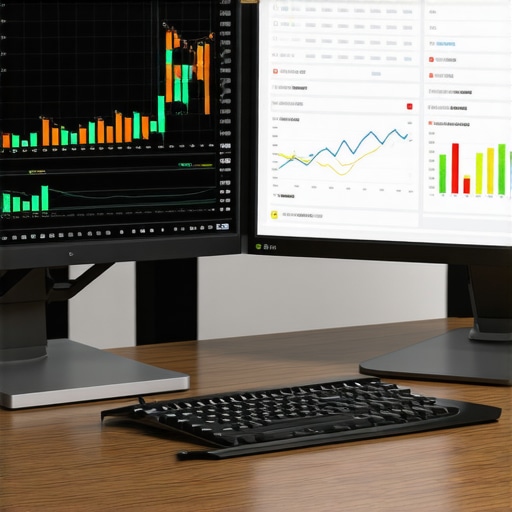 An accountant analyzing digital financial records on dual screens to ensure compliance and accuracy.