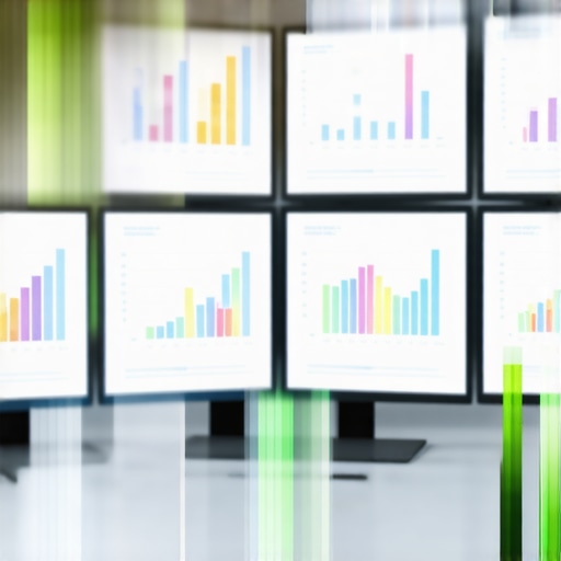 Advanced Financial Compliance Workspace A modern office setup featuring screens with financial and compliance data analysis.