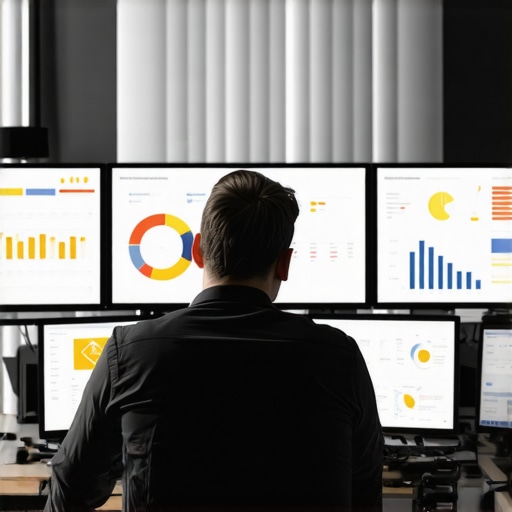Advanced Financial Monitoring Setup Accountant analyzing data dashboards on multiple screens to ensure compliance and accuracy in financial management