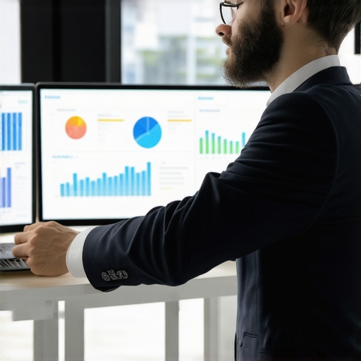 Accountant using multiple monitors with financial and compliance software in a modern office