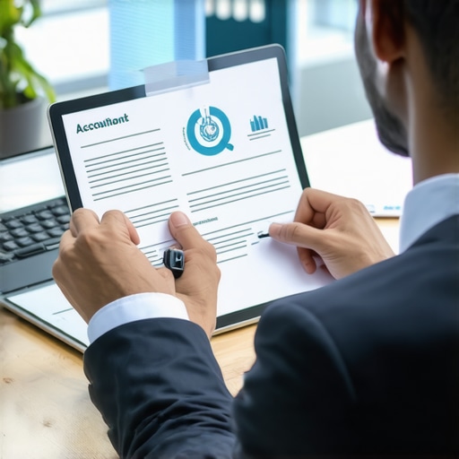 An accountant analyzing financial documents overlaid with digital audit triggers