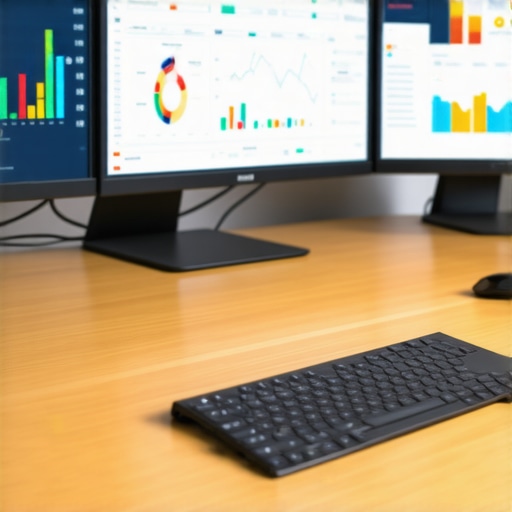 Efficient Financial Management Dashboard A modern office workspace with screens displaying financial and compliance analytics to aid CPA maintenance.