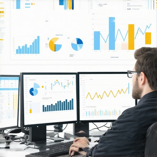 Financial Management Tools in Action An accountant managing financial dashboards on dual monitors, highlighting tools used for compliance and system upkeep.
