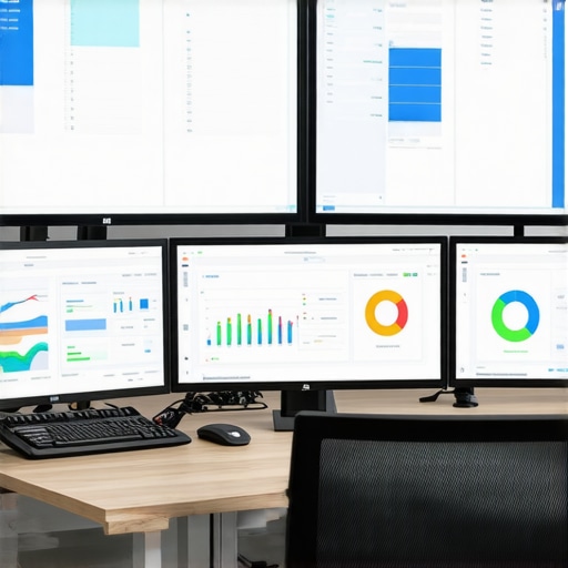 High-Tech Financial Management Desk A sleek workspace with screens showcasing accounting and audit tools.