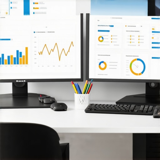 A professional accountant's workspace with digital tools and monitors displaying financial compliance data