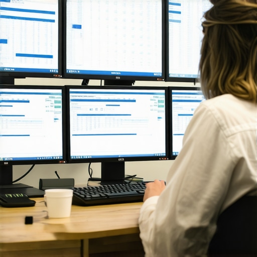 Accountant analyzing payroll data on multiple screens in a sleek office